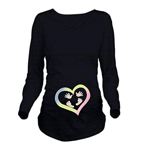 Q.KIM Camiseta Divertido Estampada de Manga Larga Premamá para Mujer Embarazo (M, Manos y Pies,Negro)