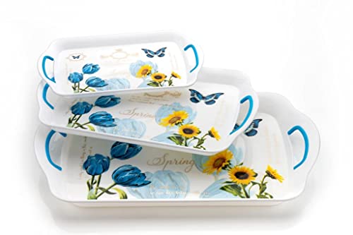 Image of Finner Premium Era Rectangular Serving Tray Set Of 3 Flower Print Design Plastic Material Glossy Finish Bpa Free Trays For Kitchen And Office And Home Decor (Black, Set Of 3)