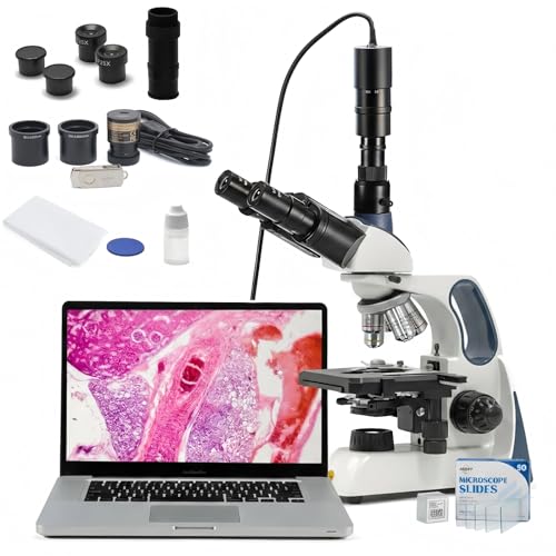 Image of Swift Infinity-Corrected Compound Trinocular Microscope SW400, 40X-2500X Magnification, Infinity Achromatic Objectives, Two-Layer Mechanical Stage, with 5.0 Megapixel Camera and Slides