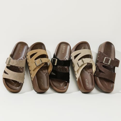 Image of UBFEN Womens Platform Slide Sandals | Real Leather,Buckle Sandals with Cushioned Flatform Footbed,Comfortable for Walking,Arch Support,Casual Styling