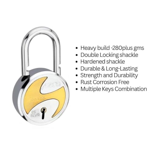 Image of Azco Round Locks 65mm 6 Keys, Steel 8 Levers Double Locking, Lock and Key for Home Door Shutter Shop Office Main Gate, Gold Silver Finish, Made in India (Pack of 1)