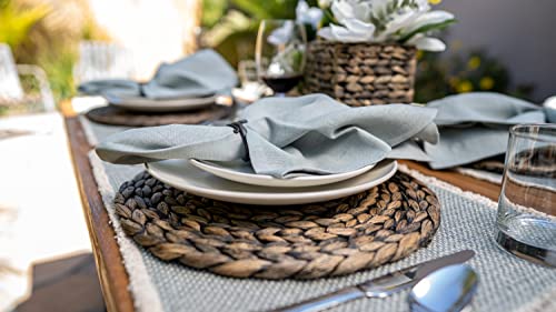 Wovanna Woven Black Placemats For Dining Table Set Of 6 Thick Rustic Round Kitchen Placemats With Decorative Round Holder All Natural Wicker Tablemats Hand-Braided From Water Hyacinth 13.5" #TOP6