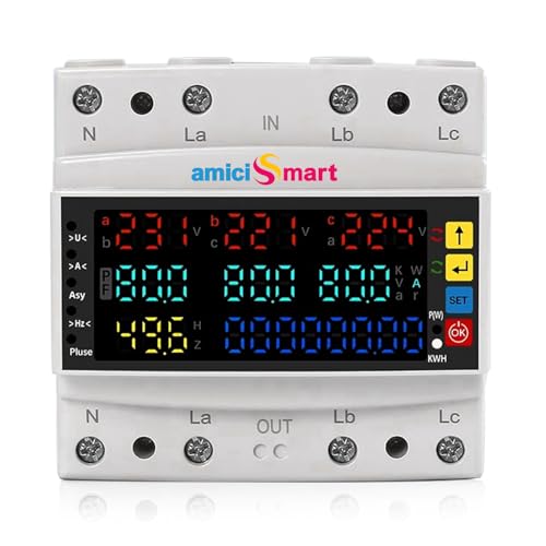 Image of amiciSmart 3-Phase Energy Meter 80A, Auto-Reconnect | Over /Under Voltage, Current, Frequency, Phase Protection | LCD Display | DIN Rail Mount | 220VAC Power Monitor
