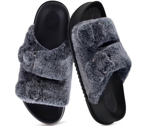 Image of KuaiLu Women's Fluff Slippers Plantar Fasciitis Arch Support Platform Slippers Ladies Fashion Open Toe Faux Fur Sliders Womens House Slipper Size 6-12