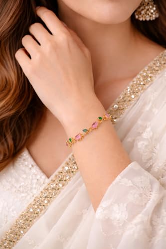Image of H&K Jewels Tulip Bracelet with Pink Oval Crystals and Green Leaf Accents, Elegant Women's Jewellery|Anti-Tarnish|Vine Korean Design|Gift for GF and Wife