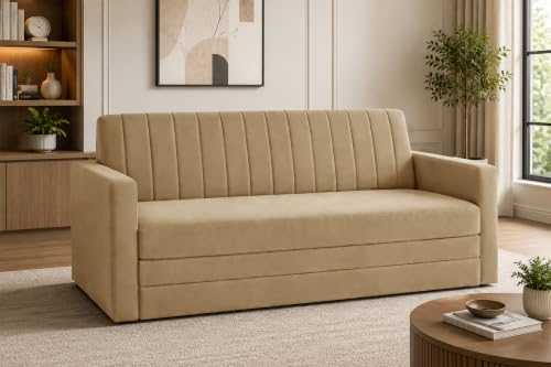 Image of 3-Seater Velvet Sofa Cum Bed with Armrests | Modern Convertible Sleeper Couch | Stylish Sofa Bed for Living Room, Bedroom & Office | Golden
