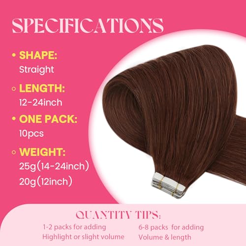 Image of Ve Sunny Hair Tape in Hair Extensions Warm Mahogany | Tape Hair,Adhesive Skin Weft,for Wedding,Natural and Realistic Look,14Inch 25g 10Pcs