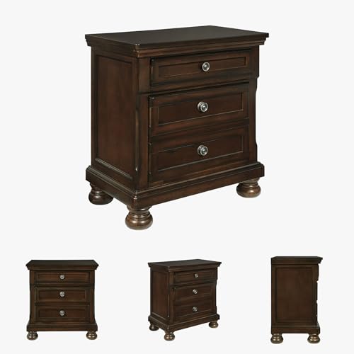 Image of Signature Design by Ashley Porter Traditional Wood Nightstand, Brown | Veneers, wood and engineered wood, 2 smooth-operating drawers, Hidden pull-out tray, Felt bottom, Bun feet