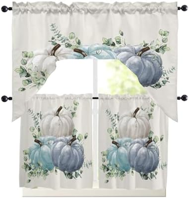3 Pieces Swag Kitchen Curtains & Valances Set, Thanksgiving Watercolor Fall Pumpkins Rod Pocket Short Window Curtain, Blue Grey White Window Treatment Tiers Decor (1 Valance 56″x36″,2 Tiers 27.5″x24″)