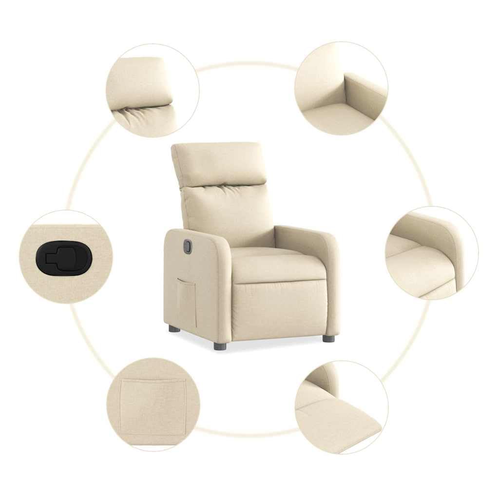 Creme Relaxsessel aus Stoff mit Verstellbarer Rückenlehne, Polster, Armlehne, Holz Metall Gestell, für Wohnzimmer, Büro, Gästeecke und Leseplatz, 110 kg