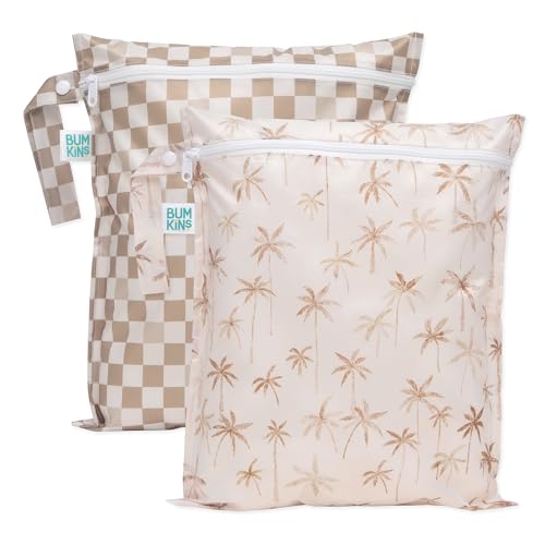 Image of Bumkins Waterproof Wet Bag for Baby, Travel, Swim Suit, Cloth Diapers, Pump Parts, Pool, Beach, Gym Clothes, Toiletry, Hook to Stroller, Daycare, Zip Reusable Wetdry Pack, 2-pk Palm Trees, Beige Check
