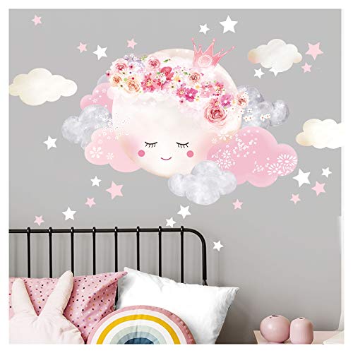Little Deco Wandtattoo Kinderzimmer Mädchen Mond mit Krone & Wolken I XL - 72 x 51 cm (BxH) I Wandsticker Babyzimmer selbstklebend Baby Wandaufkleber Sterne Kinder DL447