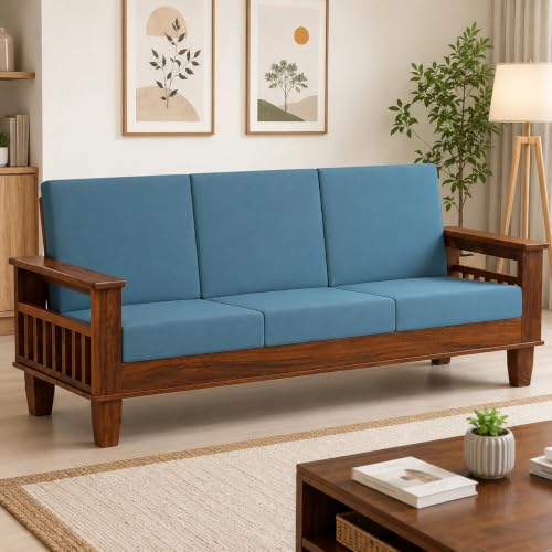 Image of Nexo Solid Sheesham Wood Sofa Set for Living Room 3 Seater Sofa Set for Home Furniture (Teak Finish with Blue Cushions)