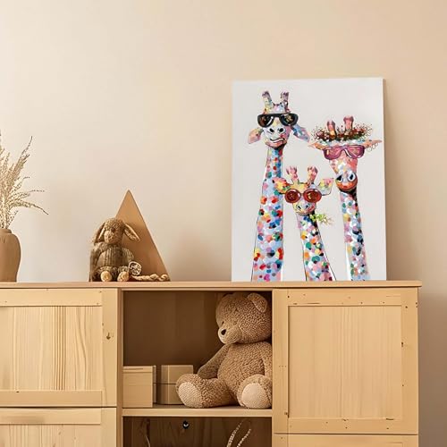 Qiukoo Wall Art - Bunte Giraffe Leinwanddruck mit Sonnenbrille, lustige Tier-Wanddekoration für Schlafzimmer, Wohnzimmer, Flur oder Treppe, mit vormontiertem Rahmen und Haken, 30 x 39,9 cm