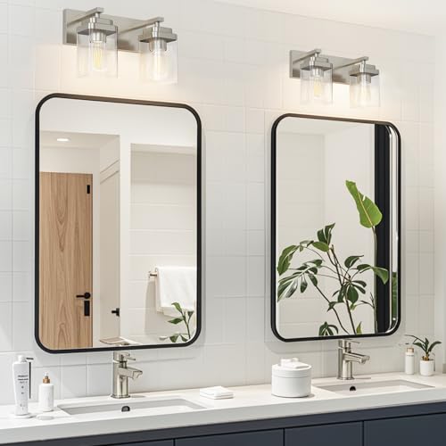 Image of Brushed Nickel Bathroom Light Fixtures, 2 Lights Bathroom Lighting Fixtures Over Mirror, Square Design & Rectangle Large Backplate, Modern Vanity Lighting Fixtures, for Living Room /Bedroom