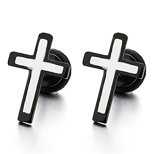 316L Steel Black & White Cross Fashion Screw Barbell Earrings/Studs for Men (Pair Of)-image-10