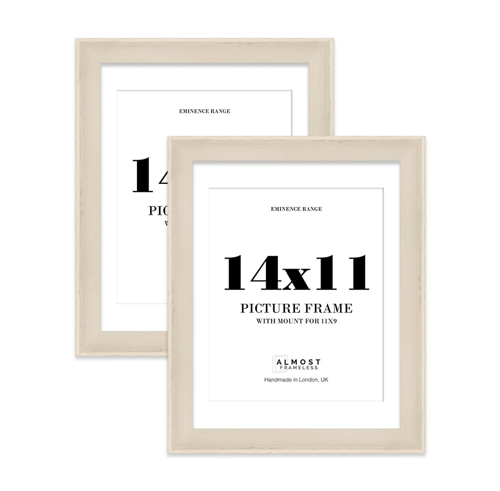 14x11" Cream Picture Frame with 11x9" Mount - Shabby Chic Photo Frame with Distressed Finish, Wall Hooks and Kickstand, 32mm Edge - 2 Pack