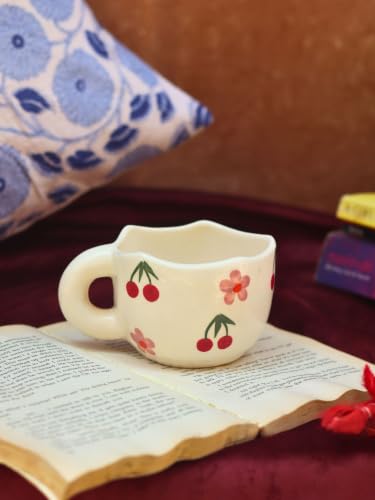 Image of WEAVING HOMES Daisy Bloom Mugs for Office, Stylish Tea Cups for Woman, Modern Coffee Mug for Travel (250 Ml) (1, WEAVING HOMES Cherry Fields Mug 220ml Mirowave & Dishwasher Safe)