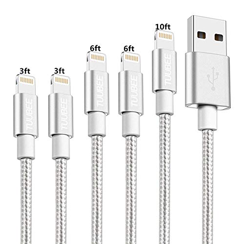 TUUBEE 5Pack[3/3/6/6/10FT] Nylon Braided Cell-Phone Charging Cable USB Fast Charging & Syncing Long Cord,iPhone Charger Compatible iPhone XS/Max/XR/X/8/8P/7/7P/6/iPad/iPod (Silver)