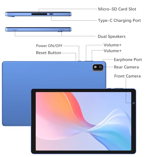 Tablet 10 inch, 32GB Storage, Quad-Core,HD IPS Screen,Dual Camera, WiFi, Bluetooth, Tablets with 6000mAh Battery, Type-C (Blue)