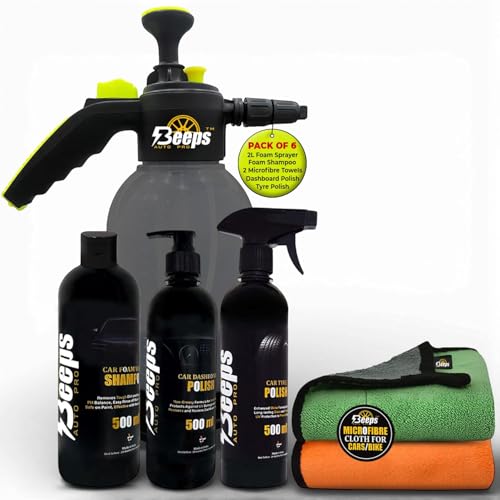 Image of Beeps 2L Foam Sprayer Car Cleaning Kit with 500ml Foam Shampoo Tyre Shiner Dashboard Polish and Two Thick Microfiber Towels Complete Car Wash Kit Pack of 6