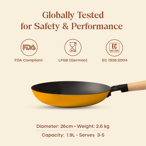 Image of CUMIN CO. LITE Cast Iron Fry Pan | 26 cm, 2L | Induction Base Cookware | 5 Years Warranty | Non Toxic Non Stick Pan for Omelette | Chemical Free Coating | No Seasoning Needed | Mustard