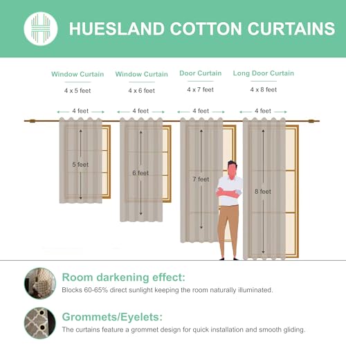 HUESLAND Cotton Curtains for Door, 7 feet Long 1 Bohemian Eyelet Curtain (Door 7 x 4 ft, Beige & Grey Stripes)
