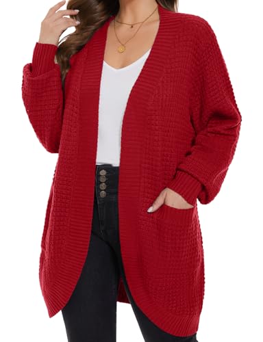 Image of MONNURO Womens Plus Size Open Front Cardigan Waffle Knit Long Sleeve Sweaters Tops Fall Coat Outerwear with Pockets