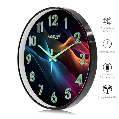 Image of RANDOM Modern 12.75 INCH Wall Clock with 3D Radium Numbers, Silent Non-Ticking, Premium Black Frame, Ultra Clear Glass for Living Room, Home Office