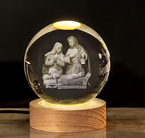 Image of 3D Crystal Ball Night Light with Wooden Base, Aesthetic Clear LED Lamp for Home and Bedroom Touch Switch, Warm Light for Kids and Teens Perfect Birthday & Anniversary (Birth of Jesus Christ)