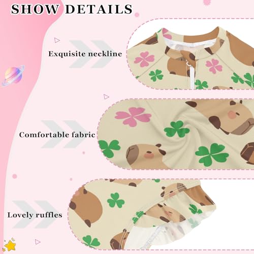 Capybara with Lucky Clover Yellow Girls One Piece Rash Guard Swimsuit, Girls Long Sleeve Swimwear for 3-12Y4