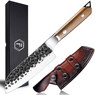 5 Inch Professional Santoku Knife, Super Sharp Sushi Meat Cutting Kitchen Knife Cooking Knife, FANTECK Handmade Forged High Carbon Steel Santoku Chef Knives with Leather Sheath&Full Tang Ebony Handle
