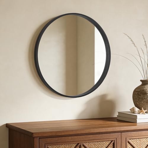 Image of WallBeyond Black Round Wood Mirror 24 inch Circle Wall Mirror for Bathroom Round Wall Mirror for Wall Decor, Vanity, Entryway Living Room