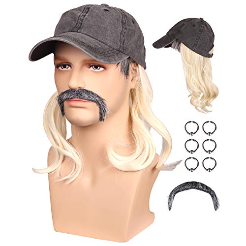 Black Hat Blonde Wig with Ear Clips and Mustache for Men