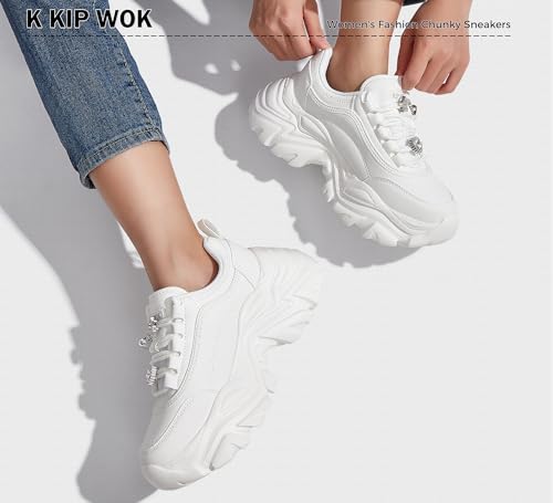 Image of K KIP WOK Chunky Sneakers for Women Fashion Platform White Leather Casual Dad Shoes Comfortable Wedge Walking Sport Sneakers