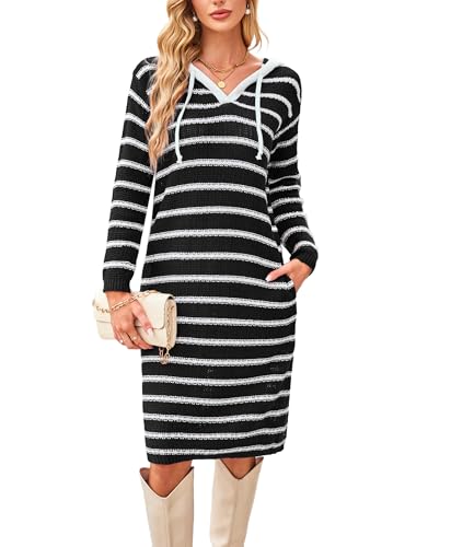 VOGMATE Strickkleid Damen Langarm Sweatshirt Hoodie Kleid Lang Pulloverkleid mit Kapuze Wollkleid Streifen Casual Sweater Dress for Women Tunika Kleid...