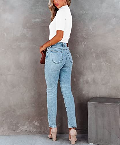 Image of Lacozy Women Casual Short Sleeve Shirt Basic Mock Neck Top Slim Fit Ribbed Knit Pullover Sweater