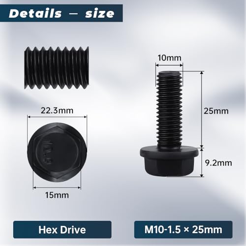 Image of Glvaner M10-1.5 x 25mm (12 pcs) Alloy Steel Flanged Washer Head Hex Bolts, Extra-Large Washer Head, 10.9 Grade Black Oxide Finish GB5789 Full Thread
