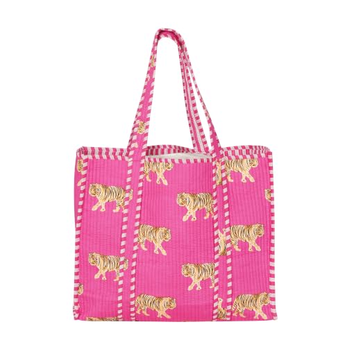 Image of LKGSM RUGS Cotton Tiger Block Print Tote Bag, Indian Handmade Shopping Shoulder Bag, Unisex Market Daily Use