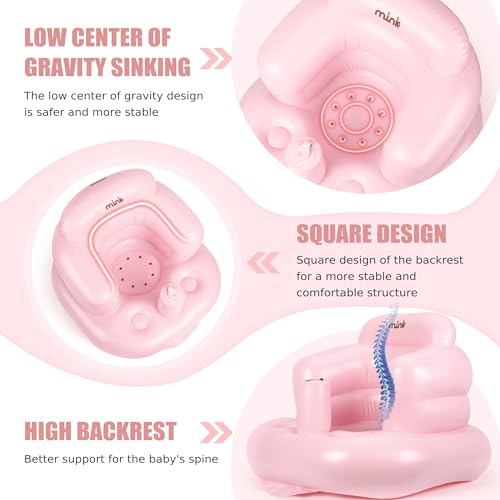 Image of Mink Inflatable Baby Seat for Babies 3 Months & Up, Blow Up Floor Baby Chair with Back Support, Fence & Built-in Air Pump, Sit Me Up Inflatable Chair for Sit Training, Feeding, Travel (Pink)