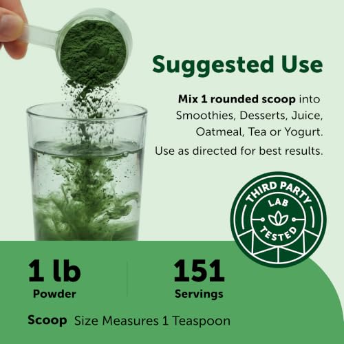 Image of Organic Spirulina Powder, 1lb | Blue-Green Algae, Naturally Occurring Vegan Protein, Vitamins & Minerals | Source of Natural Chlorophyll & Enzymes | Non-GMO, Gluten-Free, No Additives