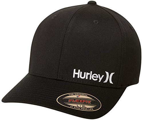Hurley Men s One & Only Corp Flexfit Perma Curve Bill Baseball Hat, Solid Black White, L-XL
