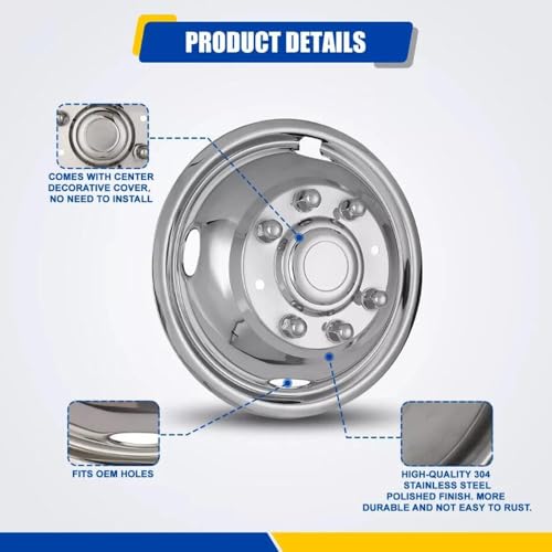 Image of 17 inch Polished Stainless Steel Wheel Simulators Fit for 2005-2025 Ford F350 Dually, 4pcs Nice Looking and Durable Bolt On Wheel Cover, 8 Lug 4 Hand Hole Hubcaps with Installation Tool Kit