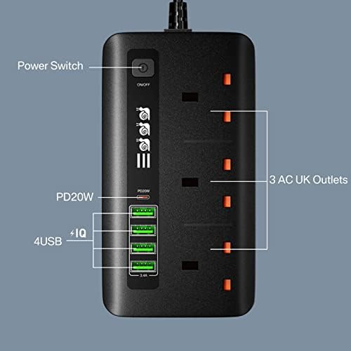 Extension Lead with USB Slots, 3 Way Outlets Power Strip with PD 20W USB C and 4 USB Ports,Multi Plug Extension Socket with 2M Extension Cord for Home, Office