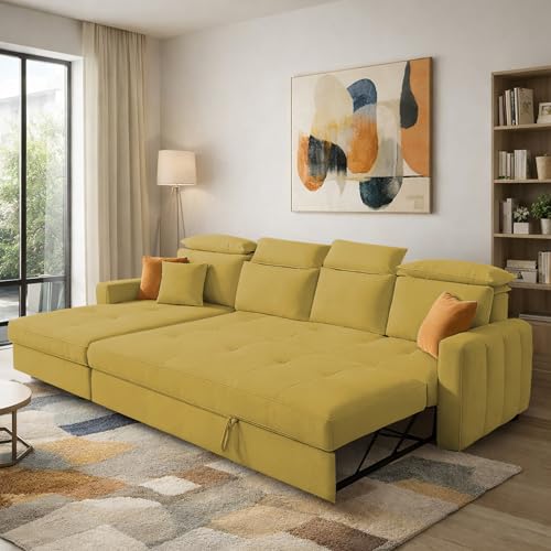 Image of Casaliving Gagnon LHS 6 Seater L Shape Corner Sofa Cum Bed for Living Room (Yellow Fabric) Premium Fabric Sofa