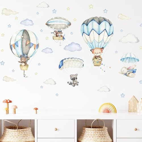 XUEHOU Sticker Mural Décoratif Chambre D'enfant - Animaux de Dessin Animé, Montgolfière, Nuages - Papier Peint pour Chambre de Bébé