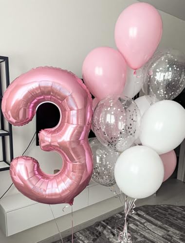 Image of Number Balloons Pearl Pink 3 Balloon 40 inch for 3rd Birthday Decorations | Saturated Color, Large 40 in, With Straw & Hanging Hole, For Back-to-School Season, Wedding, Christmas, New Year, Anniversary