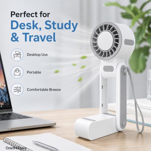 Image of One94Store Ice Cooling Folding Fan, 1800mAh Rechargeable Mini Fan, 5-Speed Portable Personal Fan with Phone Holder, USB Type-C Charging, Foldable Adjustable Design, Lanyard Included, White