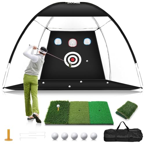 Golf Net, 10x7FT Home Golf Hitting Aids Equipment with Foldable Tri-Turf Mat for Backyard Driving Chipping Swing with Training Target/Balls/Tee for Outdoor Indoor, Gifts for Men Him Dad Golfers