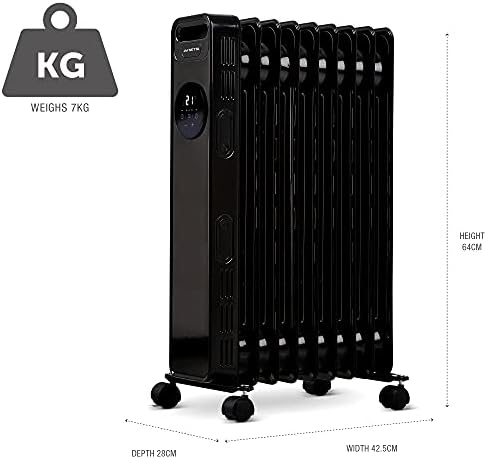 NETTA Oil Filled Radiator Heater 2000W with 24 Hour Timer, 3 Heat Settings, Remote Control, LED Digital Display, Overheating and Tip-Over Protection  9 Fin, Black
